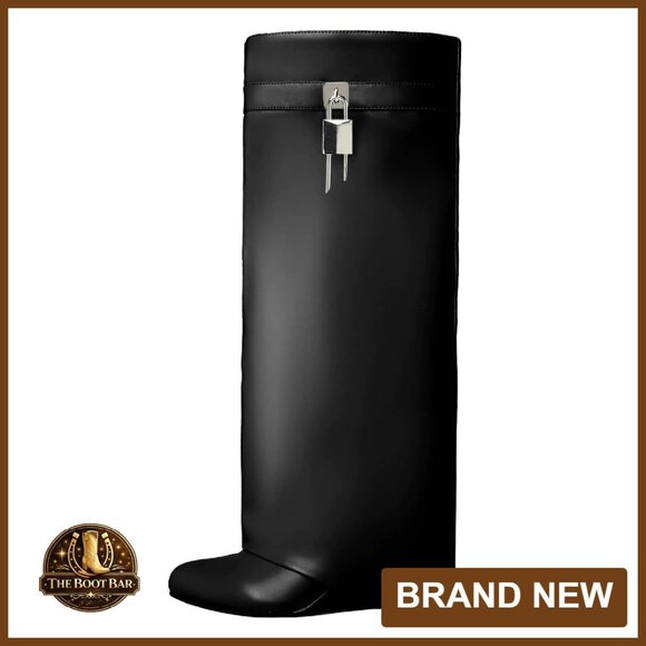 Knee High Wedge Heel Boots Wide Calf Fold Over Lock Decoration